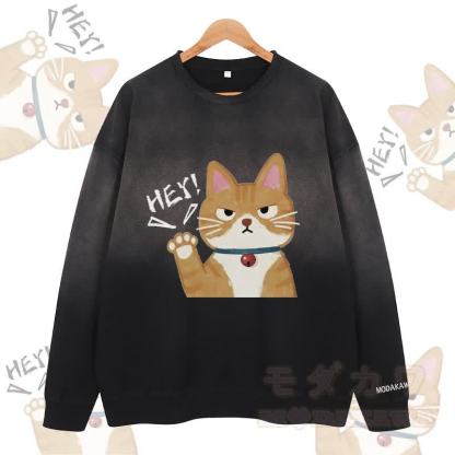MODAKAWA HEY キャットグラフィック ヴィンテージウォッシュドグラデーション ユニセックス スウェットシャツ - 黒 - 2XL - image 3