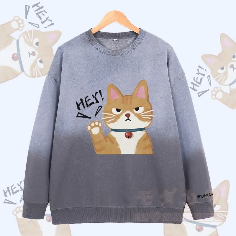 MODAKAWA HEY キャットグラフィック ヴィンテージウォッシュドグラデーション ユニセックス スウェットシャツ - グレー - 2XL - image 2