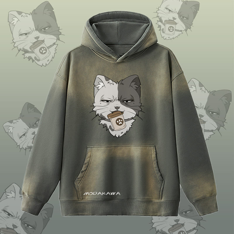 MODAKAWA 缶を持った猫のグラフィック ヴィンテージウォッシュ加工裏起毛パーカー - Grey - 2XL - image 1