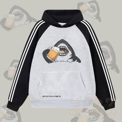 MODAKAWA ビールを飲むサメのグラフィックカラーブロック裏起毛パーカー - グレー - 2XL - image 1