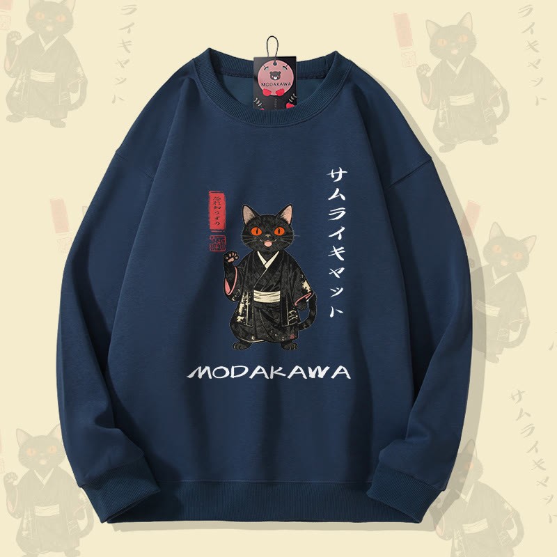 MODAKAWA サムライキャット グラフィック ユニセックス スウェットシャツ - Purplish Blue - 5XL - image 2