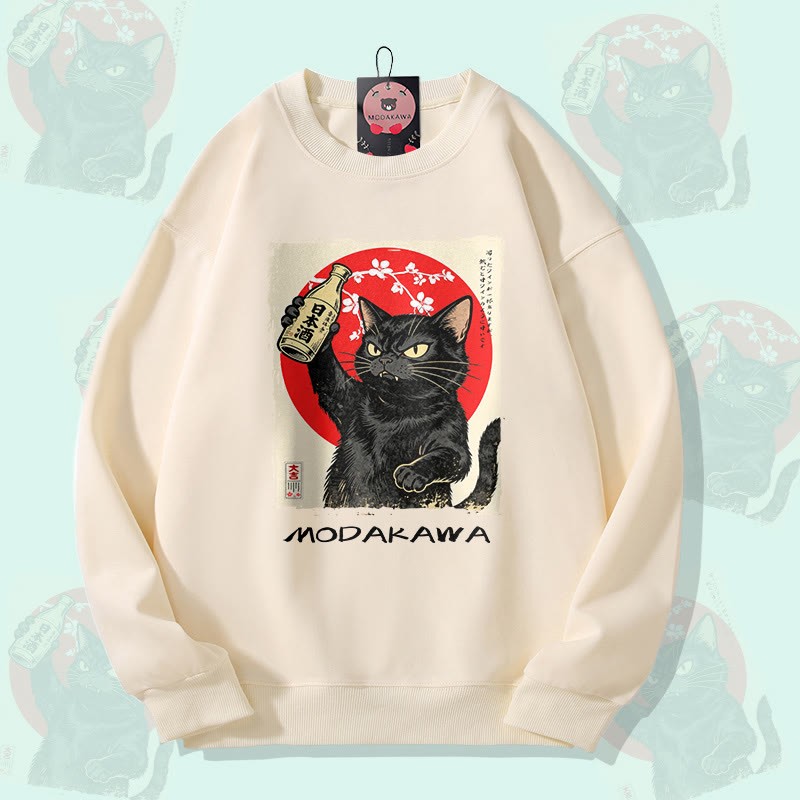 MODAKAWA 猫がお酒を飲むグラフィック ユニセックス スウェットシャツ - Beige - 5XL - image 2