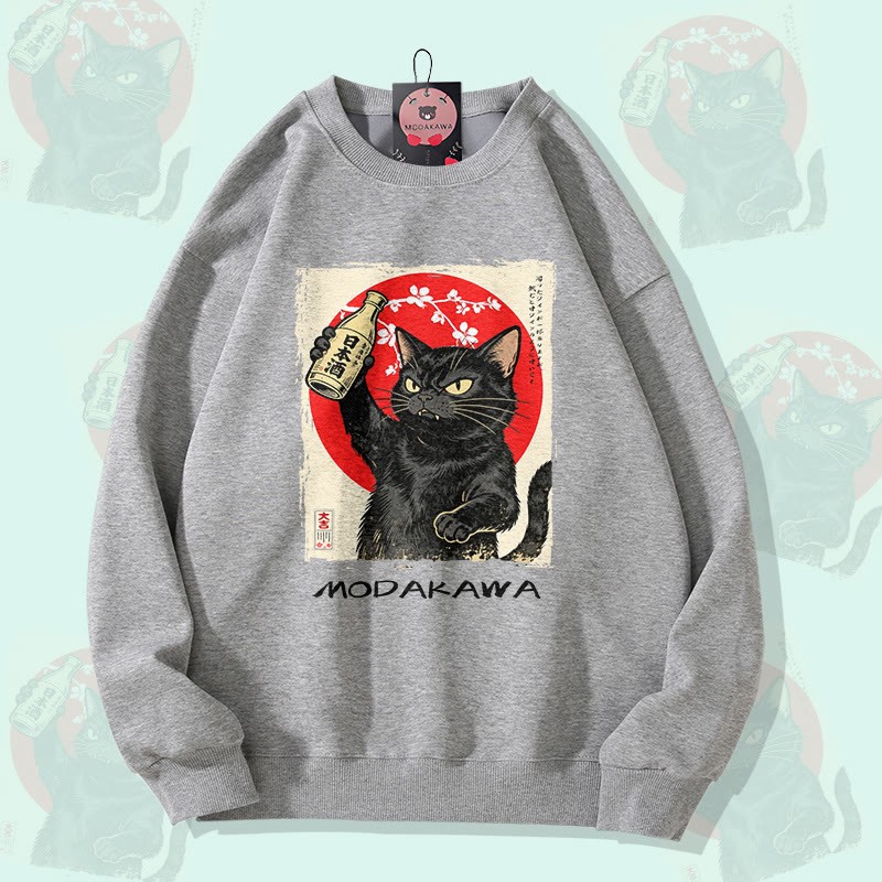 MODAKAWA 猫がお酒を飲むグラフィック ユニセックス スウェットシャツ - Grey - 5XL - image 3