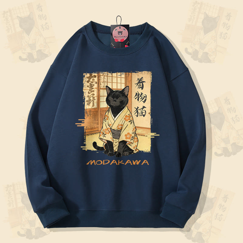 MODAKAWA 着物猫グラフィック ユニセックス スウェットシャツ - Purplish Blue - 5XL - image 2