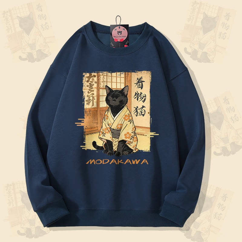 MODAKAWA 着物猫グラフィック ユニセックス スウェットシャツ - Purplish Blue - 5XL - image 2