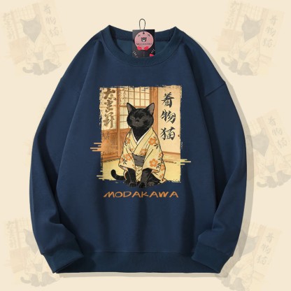 MODAKAWA 着物猫グラフィック ユニセックス スウェットシャツ - Purplish Blue - 5XL - image 2