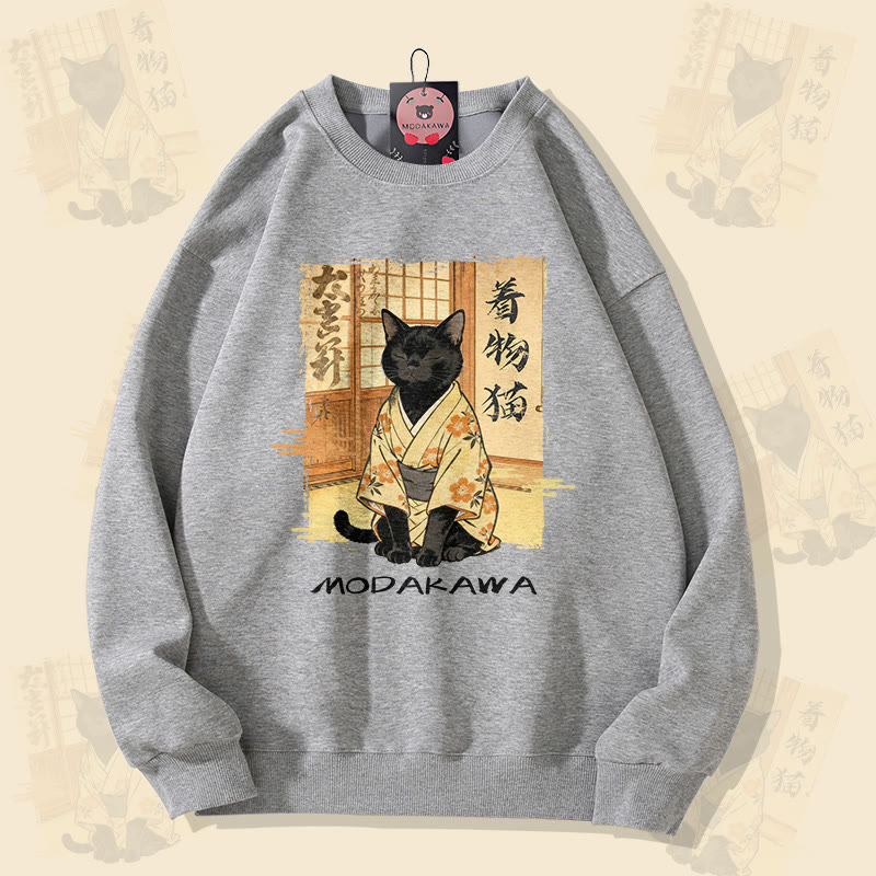 MODAKAWA 着物猫グラフィック ユニセックス スウェットシャツ - Grey - 5XL - image 3