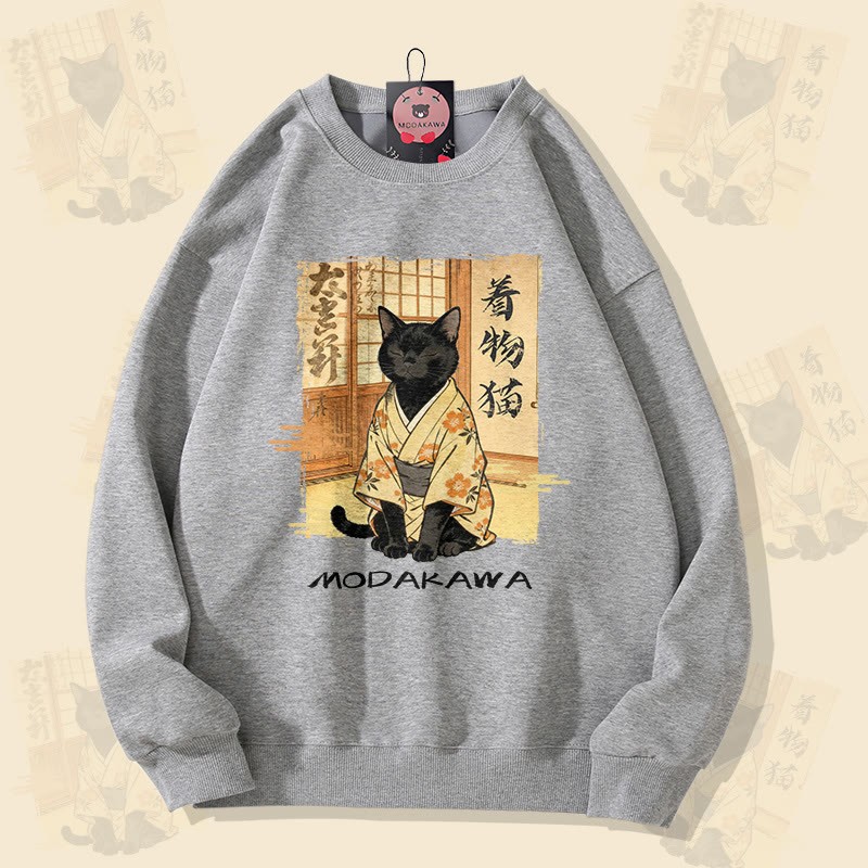 MODAKAWA 着物猫グラフィック ユニセックス スウェットシャツ - Grey - 5XL - image 3