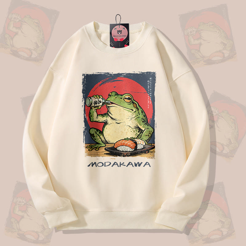 MODAKAWA 日本酒を飲むカエル グラフィック ユニセックス スウェットシャツ - Beige - 5XL - image 2