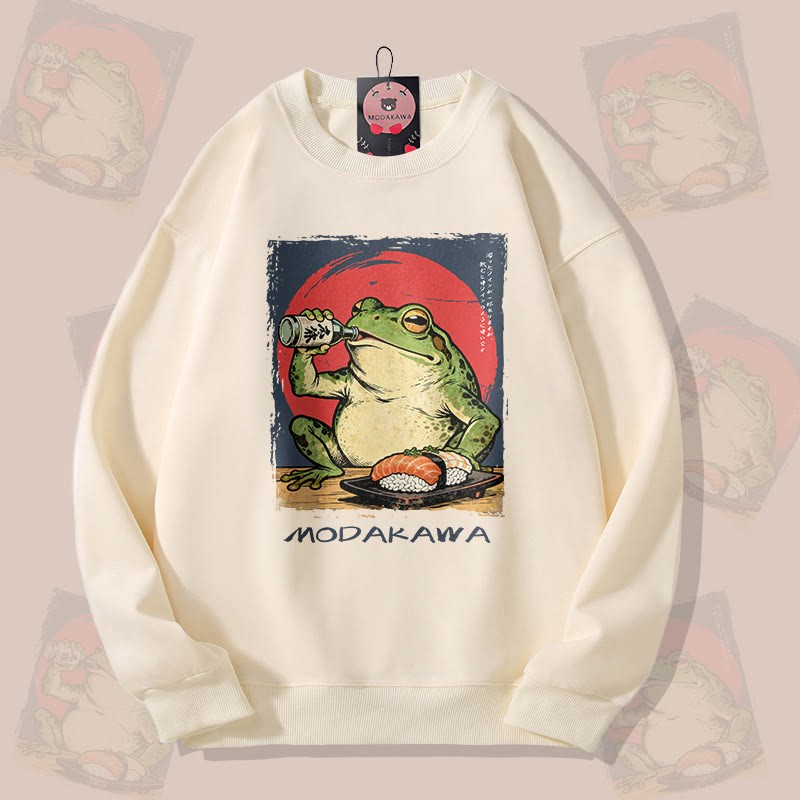 MODAKAWA 日本酒を飲むカエル グラフィック ユニセックス スウェットシャツ - Beige - 5XL - image 2