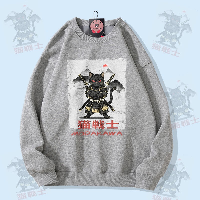 MODAKAWA サムライキャット グラフィック ユニセックス スウェットシャツ - Grey - 5XL - image 3