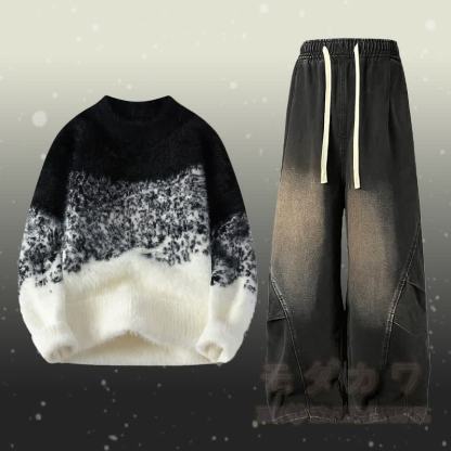 グラデーションファジーニットセーターデニムパンツツーピース - セットB - 2XL - image 2