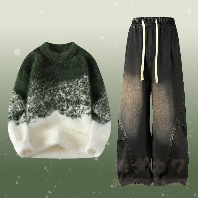 グラデーションファジーニットセーターデニムパンツツーピース - セットA - 2XL - image 1