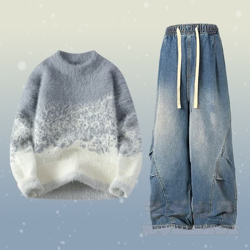 グラデーションファジーニットセーターデニムパンツツーピース - セットD - 2XL - image 4