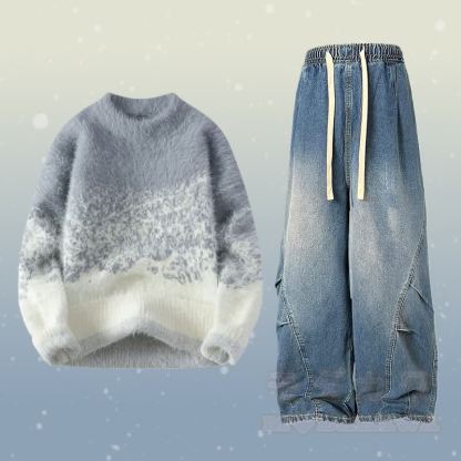グラデーションファジーニットセーターデニムパンツツーピース - セットD - 2XL - image 4