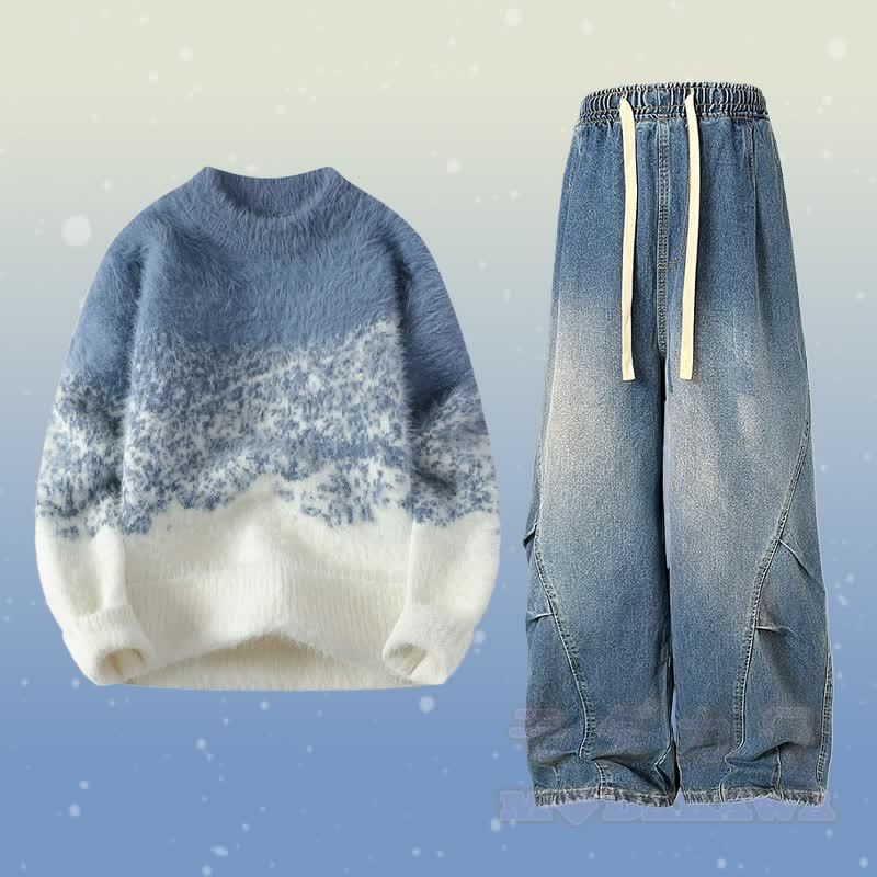 グラデーションファジーニットセーターデニムパンツツーピース - セットC - 2XL - image 3