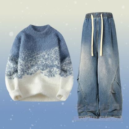 グラデーションファジーニットセーターデニムパンツツーピース - セットC - 2XL - image 3