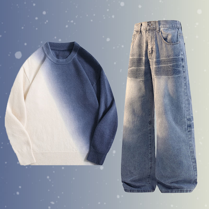 グラデーションニットセーター デニムパンツ ツーピース - Set A - 2XL - image 1