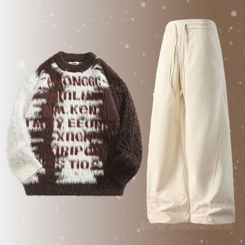 レターファジーカラーブロックセーターコーデュロイパンツツーピース - セットB - 2XL - image 2