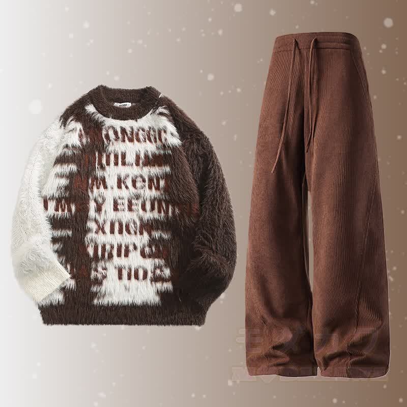 レターファジーカラーブロックセーターコーデュロイパンツツーピース - セットA - 2XL - image 1