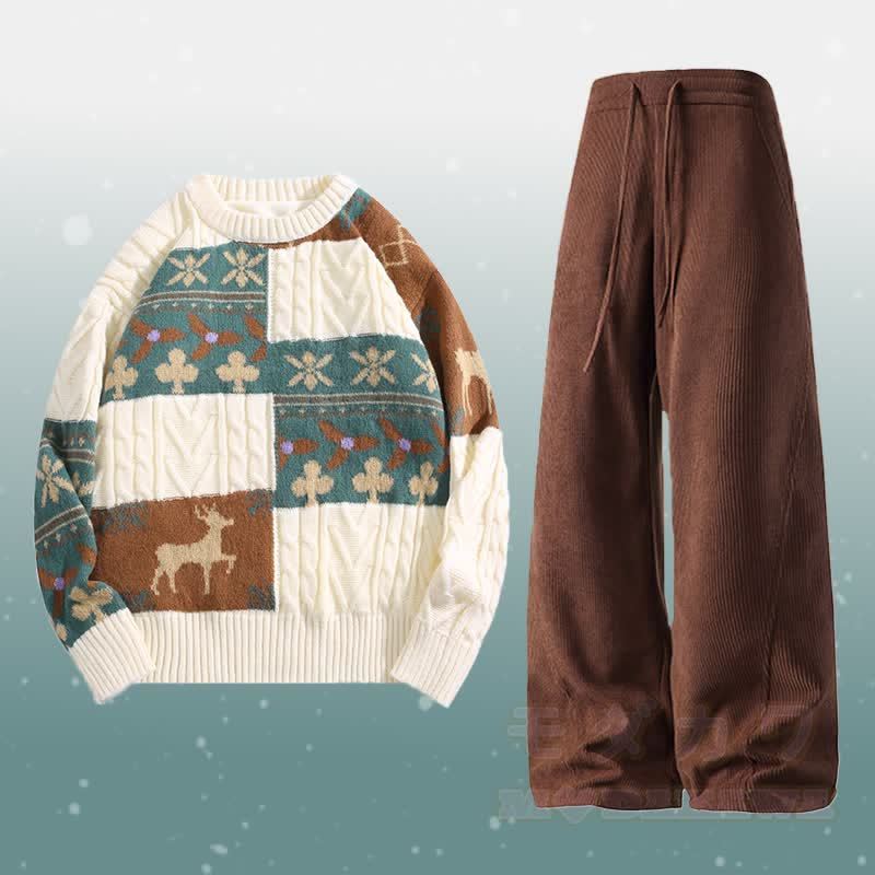 カラーブロックフリース裏地セーターコーデュロイパンツツーピース - セットB - 2XL - image 2