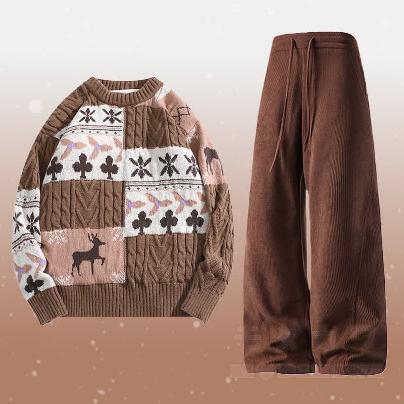 カラーブロックフリース裏地セーターコーデュロイパンツツーピース - セットA - 2XL - image 1