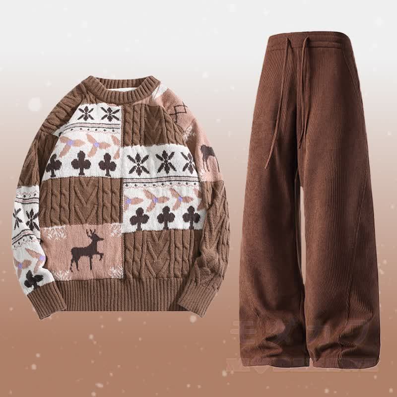 カラーブロックフリース裏地セーターコーデュロイパンツツーピース - セットA - 2XL - image 1