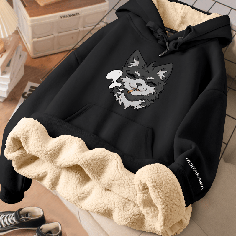 MODAKAWA スモーキングパピー グラフィック 厚手フリース裏地冬パーカー - Black - 2XL - image 1