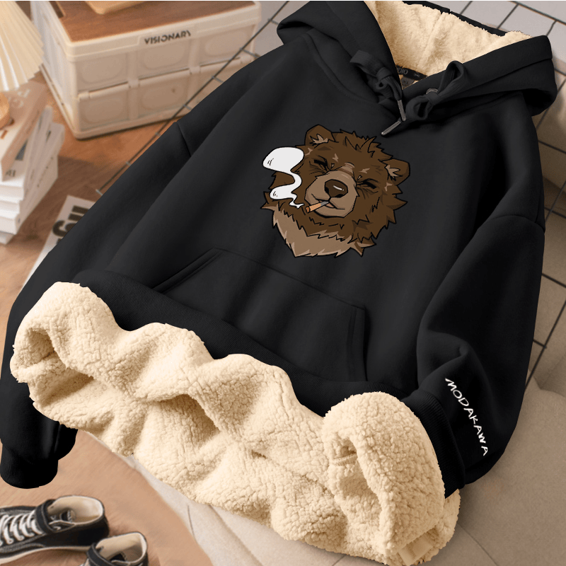 MODAKAWA スモーキングベア グラフィック 厚手裏起毛冬パーカー - Black - 2XL - image 2