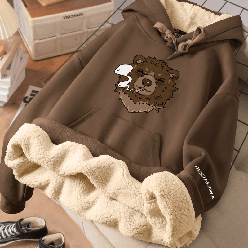 MODAKAWA スモーキングベア グラフィック 厚手裏起毛冬パーカー - Brown - 2XL - image 1