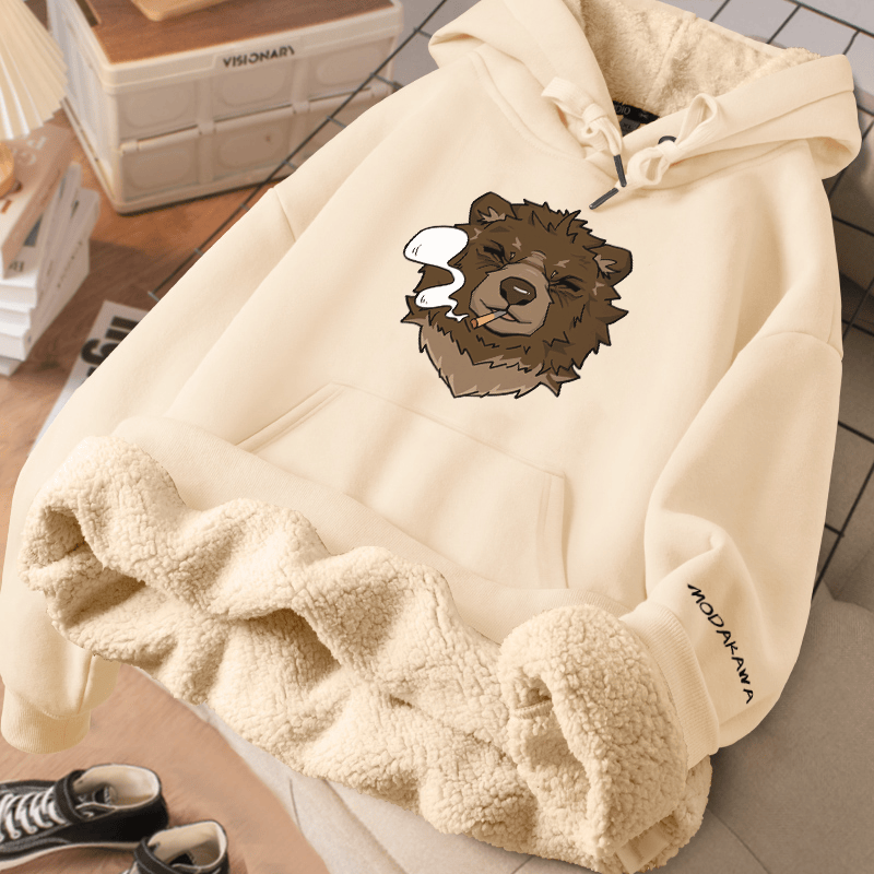 MODAKAWA スモーキングベア グラフィック 厚手裏起毛冬パーカー - Beige - 2XL - image 3