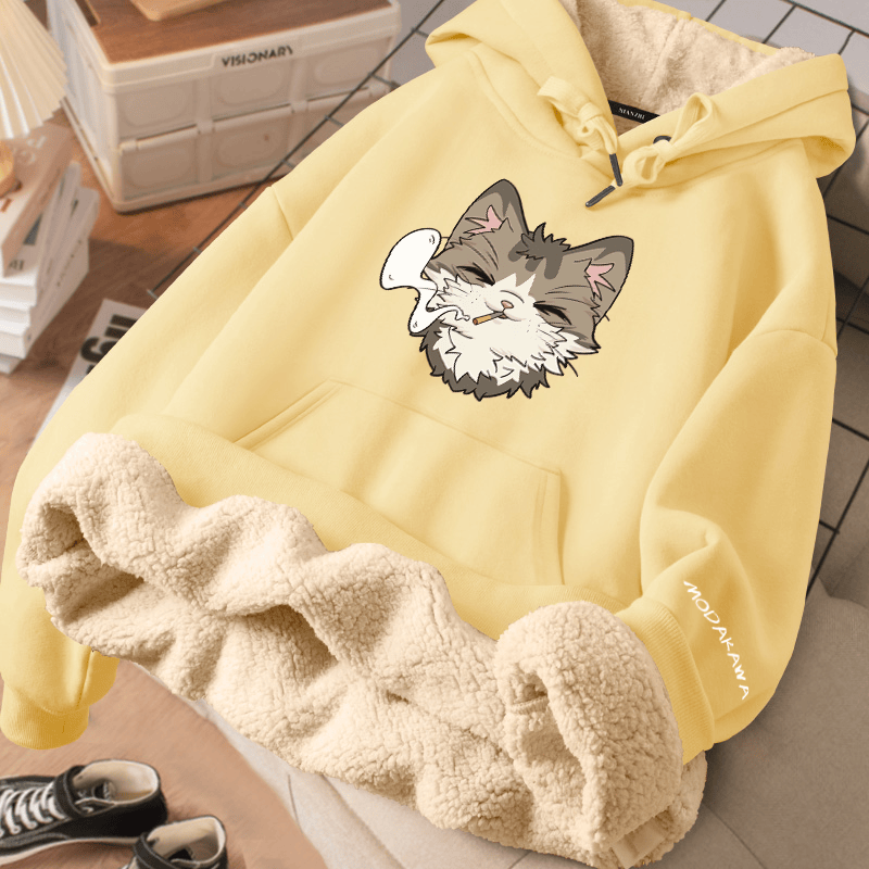 MODAKAWA スモーキングキャットグラフィック 厚手裏起毛冬パーカー - Yellow - 2XL - image 2