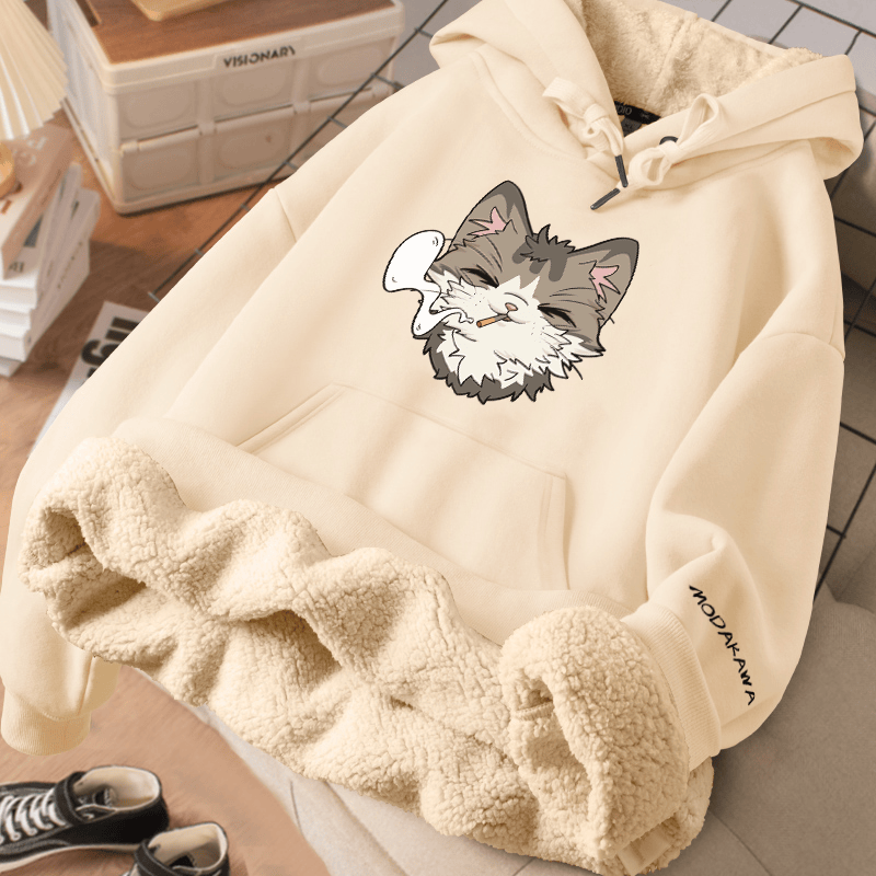 MODAKAWA スモーキングキャットグラフィック 厚手裏起毛冬パーカー - Beige - 2XL - image 1
