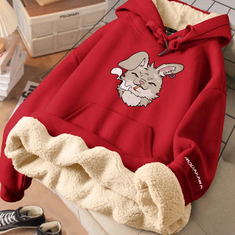 MODAKAWA スモーキングバニー グラフィック 厚手裏起毛冬パーカー - Red - 2XL - image 1