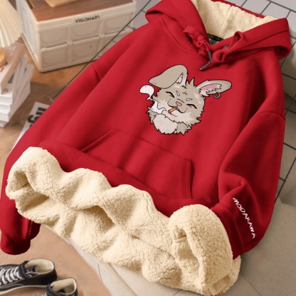 MODAKAWA スモーキングバニー グラフィック 厚手裏起毛冬パーカー - Red - 2XL - image 1