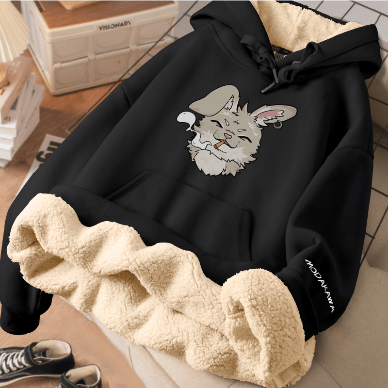 MODAKAWA スモーキングバニー グラフィック 厚手裏起毛冬パーカー - Black - 2XL - image 3