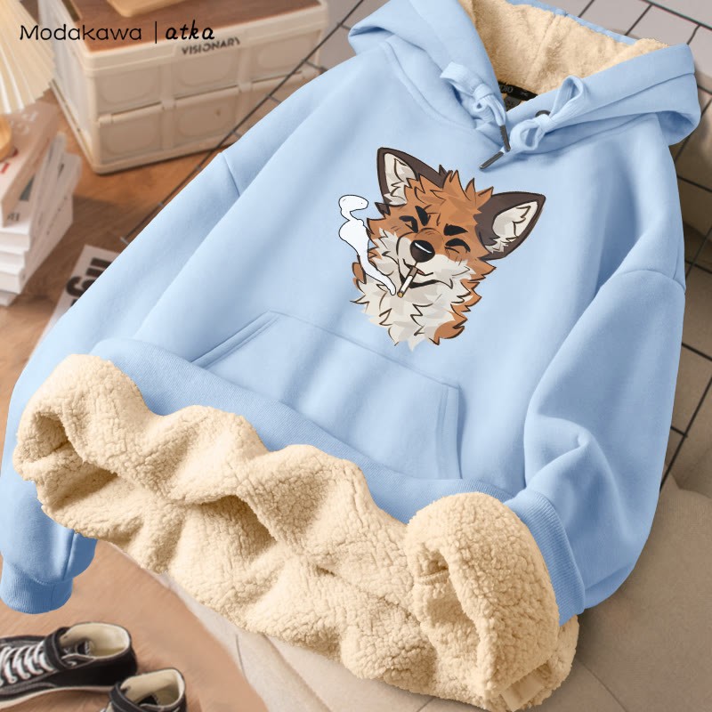 MODAKAWA X atka Fox スモーキンググラフィック 厚手裏起毛冬パーカー - Blue - 2XL - image 2