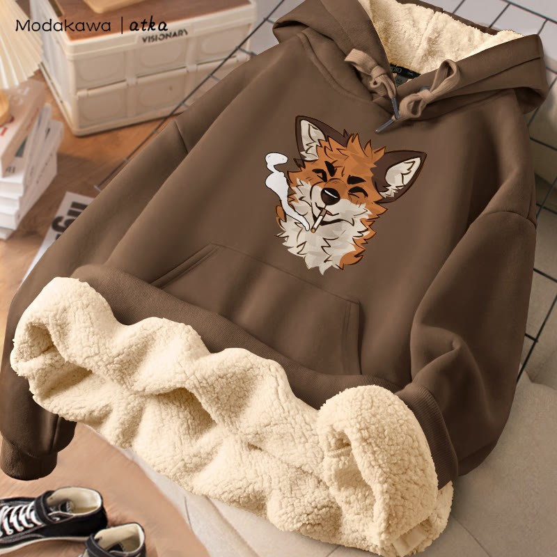 MODAKAWA X atka Fox スモーキンググラフィック 厚手裏起毛冬パーカー - Brown - 2XL - image 1