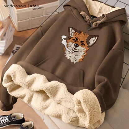 MODAKAWA X atka Fox スモーキンググラフィック 厚手裏起毛冬パーカー - Brown - 2XL - image 1