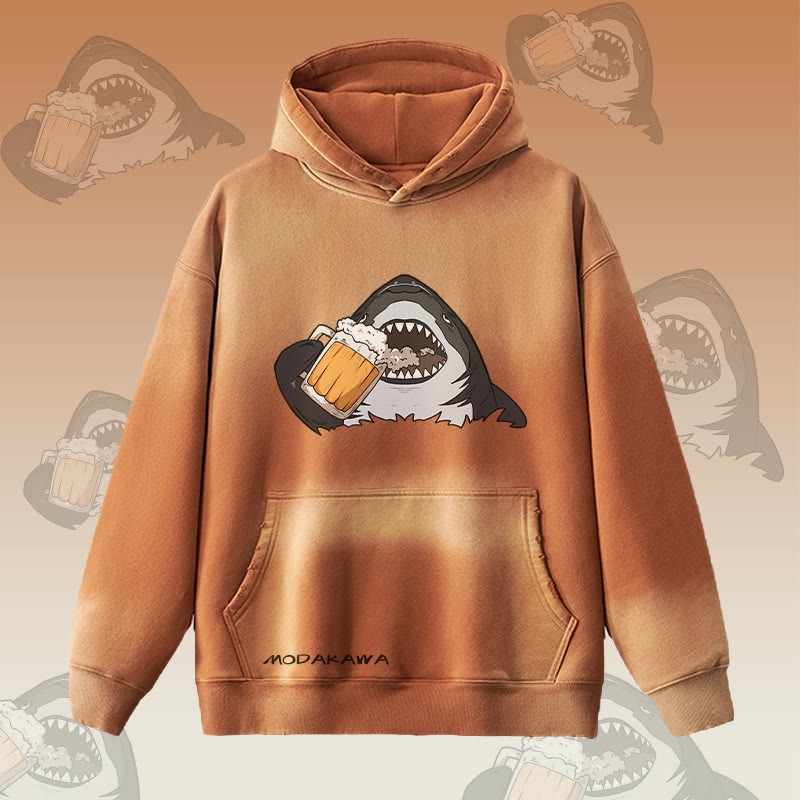 MODAKAWA ビールを飲むサメのグラフィック ヴィンテージウォッシュ加工裏起毛パーカー - Brown - 2XL - image 1