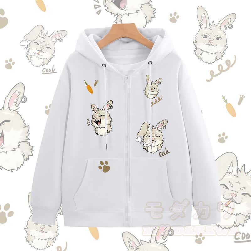 MODAKAWA キュートなバニーグラフィック ジップアップ パーカー スウェットシャツ - 白 - 5XL - image 2