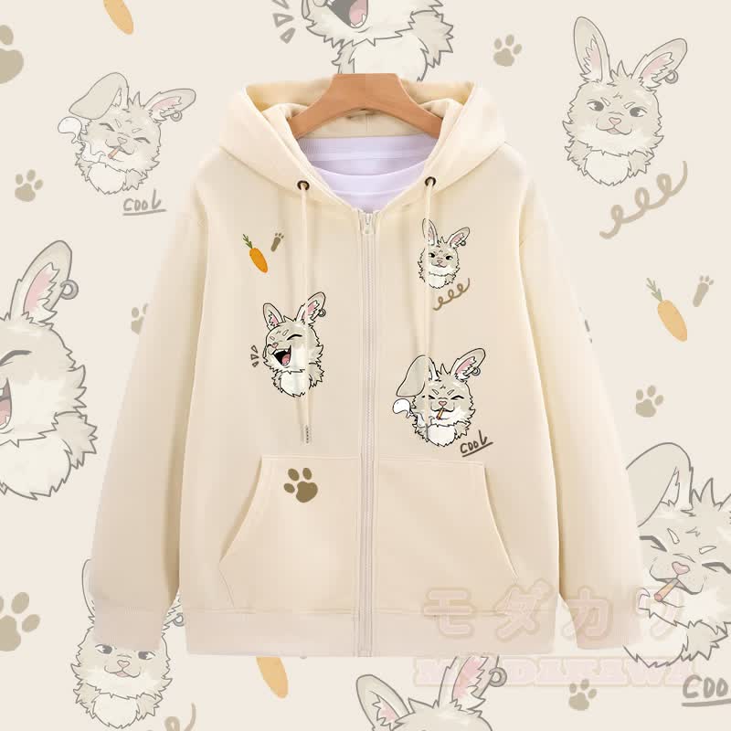MODAKAWA キュートなバニーグラフィック ジップアップ パーカー スウェットシャツ - アプリコット - 5XL - image 1