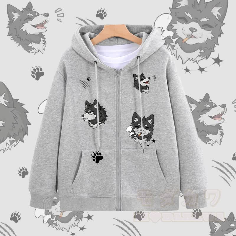 MODAKAWA ジョイフルパピー グラフィック ジップアップ フーディー スウェットシャツ - グレー - 5XL - image 2