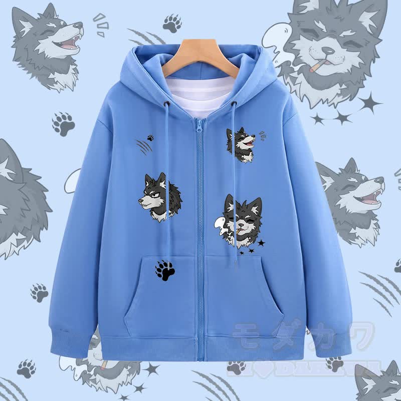 MODAKAWA ジョイフルパピー グラフィック ジップアップ フーディー スウェットシャツ - 青 - 5XL - image 1