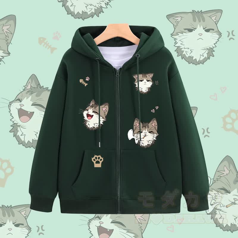 MODAKAWA チアフルキャットグラフィック ジップアップ パーカー スウェットシャツ - 緑 - 5XL - image 2