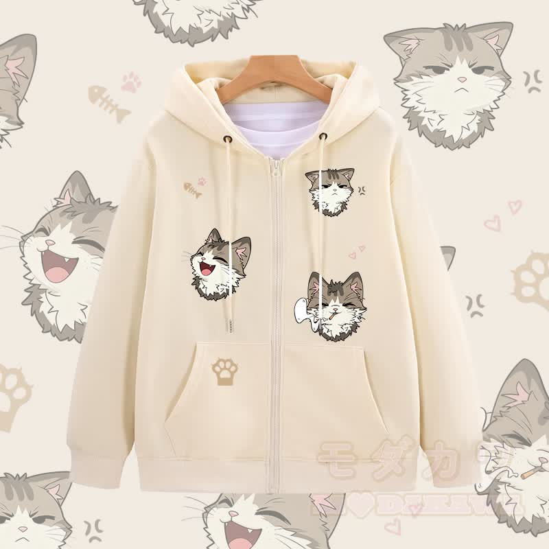 MODAKAWA チアフルキャットグラフィック ジップアップ パーカー スウェットシャツ - アプリコット - 5XL - image 1