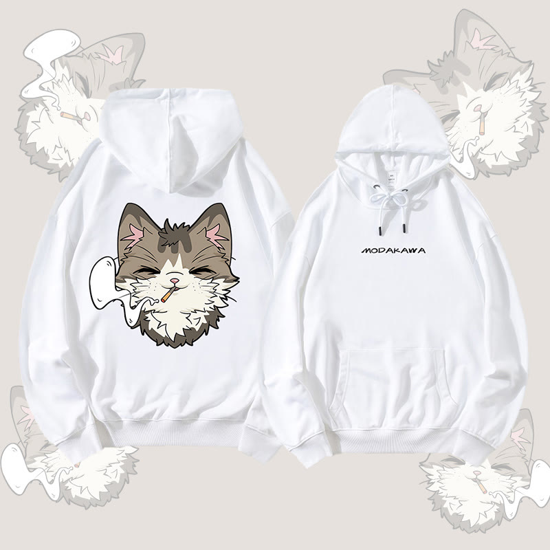 MODAKAWA スモーキングキャット グラフィック ストリートウェア プルオーバー パーカー - White - 5XL - image 3