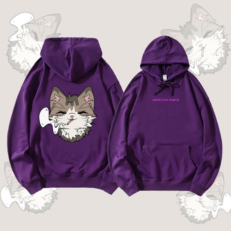 MODAKAWA スモーキングキャット グラフィック ストリートウェア プルオーバー パーカー - Dark Purple - 5XL - image 2