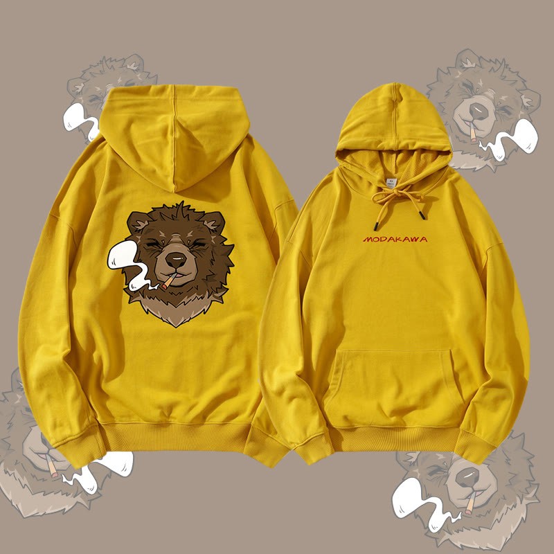 MODAKAWA スモーキングベア グラフィック ストリートウェア プルオーバー パーカー - Yellow - 5XL - image 3