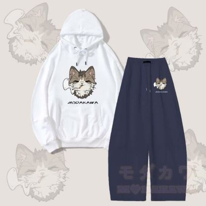 MODAKAWA スモーキングキャットグラフィックパーカー ワイドレッグパンツ 2点セット - 白と紫がかった青 - 5XL - image 5